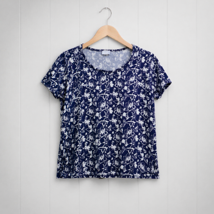 Ladies Floral Printed T-shirt |Iron Free | Navy Blue