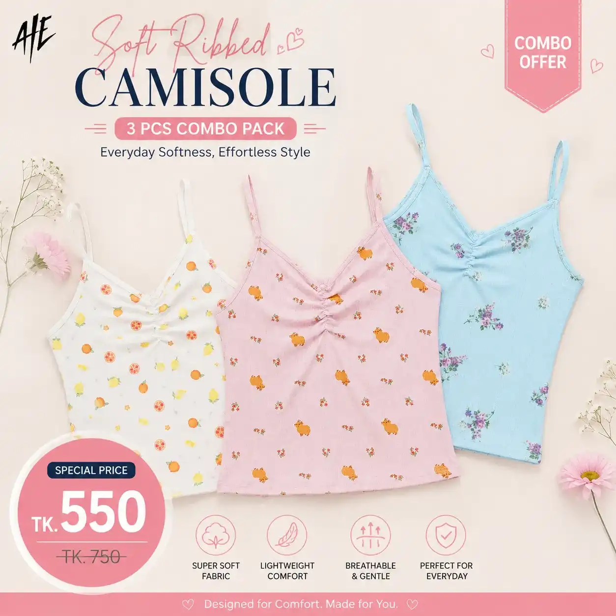 Ladies Camisole | Soft Ribbed  | 3pcs Combo