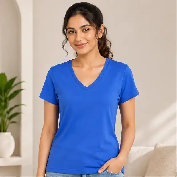 Women's V-Neck Solid Lace T-Shirt | 95% Polyester + 5% Spandex | Soft Stretch Casual & Activewear Tee | Plus Size | S-3X | Royal Blue