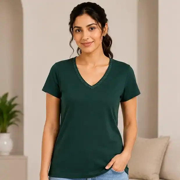 Women's V-Neck Solid Lace T-Shirt | 95% Polyester + 5% Spandex | Soft Stretch Casual & Activewear Tee | Plus Size | S-3X | Dark Green