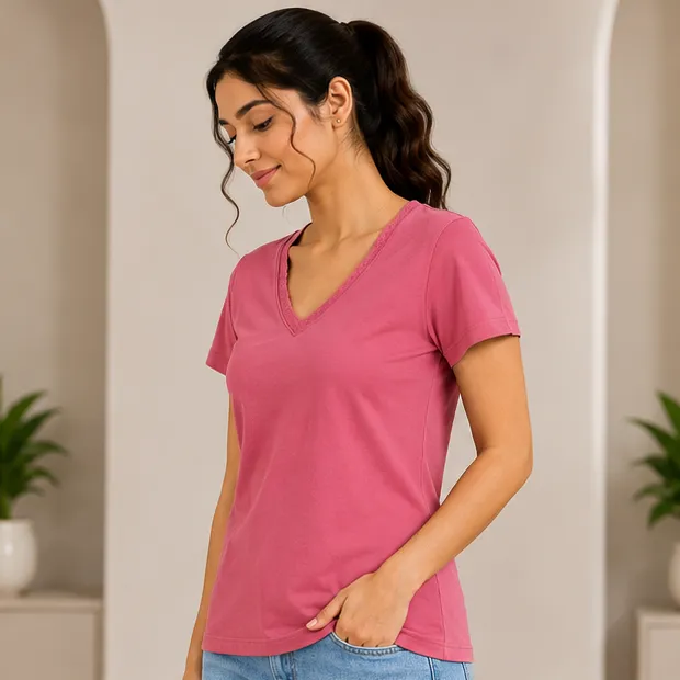 V-Neck Lace T-Shirt | Plus Size | Pink