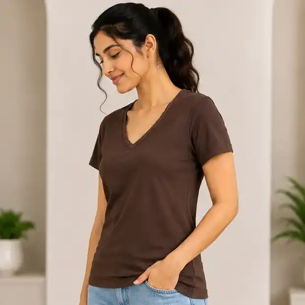 Women's V-Neck Solid Lace T-Shirt | 95% Polyester + 5% Spandex | Soft Stretch Casual & Activewear Tee | Plus Size | S-3X | Cofee