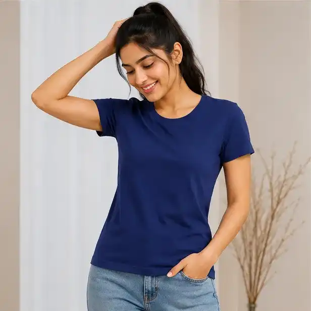 Women's Round Neck Solid T-Shirt | Regular Fit | Iron Free | 95% Polyester + 5% Spandex | Casual, Active & Everyday Wear | Light Navy Blue