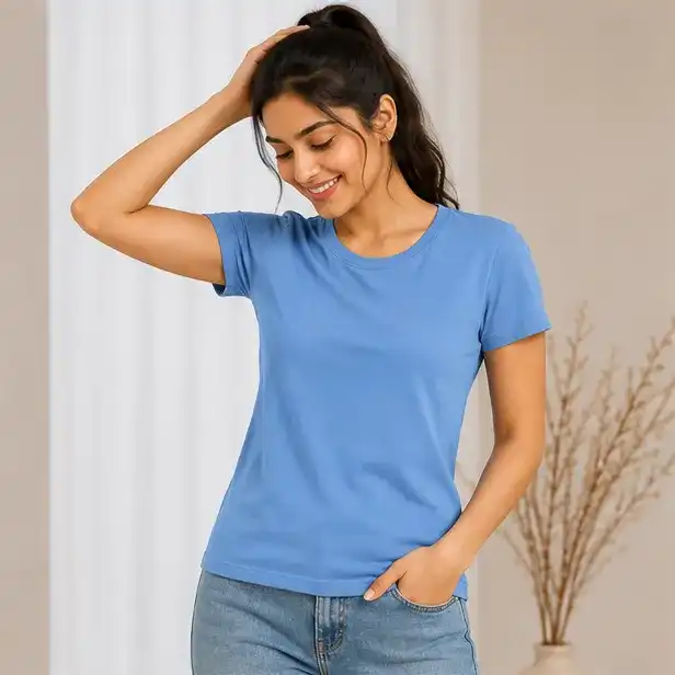 Women's Round Neck Solid T-Shirt | Regular Fit | Iron Free | 95% Polyester + 5% Spandex | Casual, Active & Everyday Wear | Ocean Blue