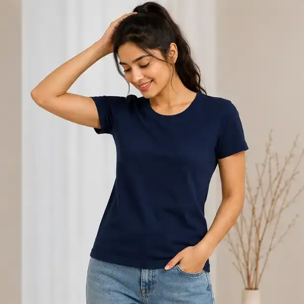 Women's Round Neck Solid T-Shirt | Regular Fit | Iron Free | 95% Polyester + 5% Spandex | Casual, Active & Everyday Wear | Navy Blue