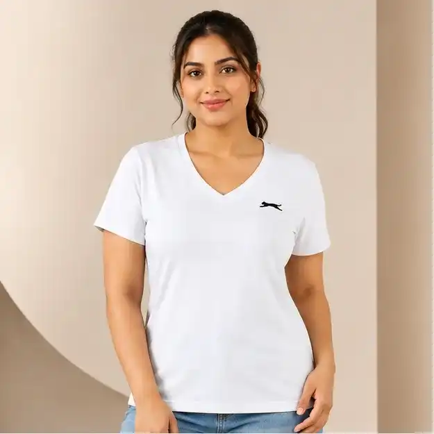 Slazenger Women's V-Neck Solid T-Shirt | Regular Fit & Plus Size | 100% Cotton | Casual, Active & Everyday Wear | White