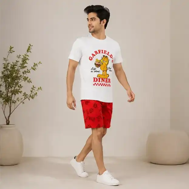 Sinsay Men's Printed T-Shirt & Shorts Set – 100% Cotton Single Jersey Regular Fit Set