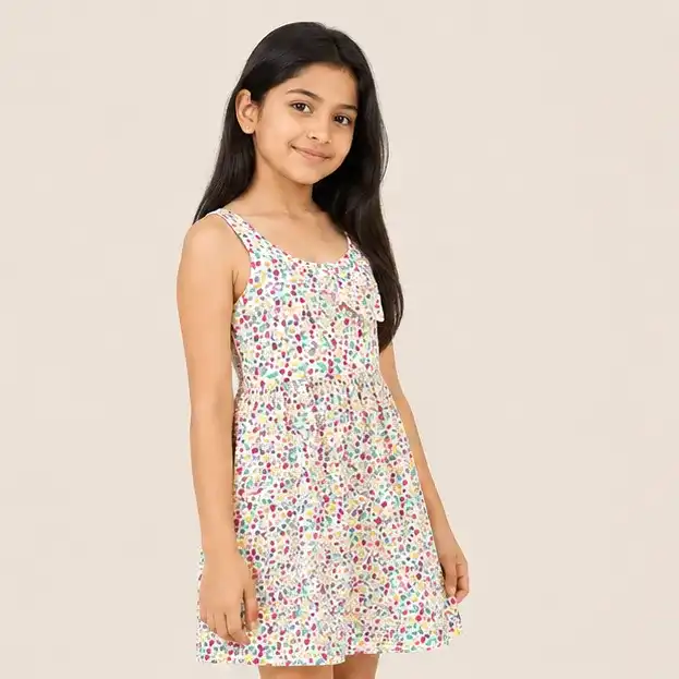 গার্লস AOP কটন সানড্রেস | নিট সামার ফ্রক | | 95% Polyester and 5% Spandex |  ২-১৪ বছর  | Confetti Print