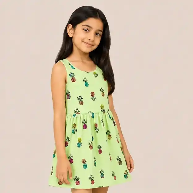 গার্লস AOP কটন সানড্রেস | নিট সামার ফ্রক | | 95% Polyester and 5% Spandex |  ২-১৪ বছর  | Mint Pineapple