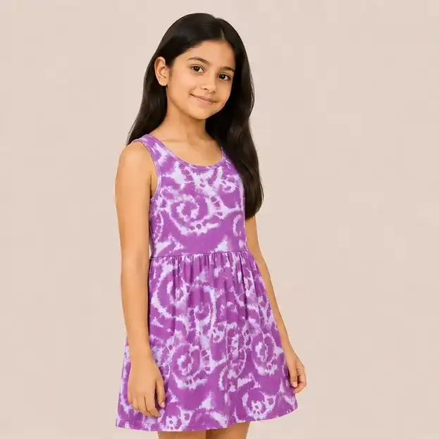 গার্লস AOP কটন সানড্রেস | নিট সামার ফ্রক | | 95% Polyester and 5% Spandex |  ২-১৪ বছর  | Purple