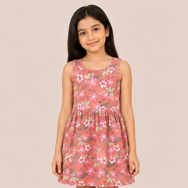 গার্লস AOP কটন সানড্রেস | Coral